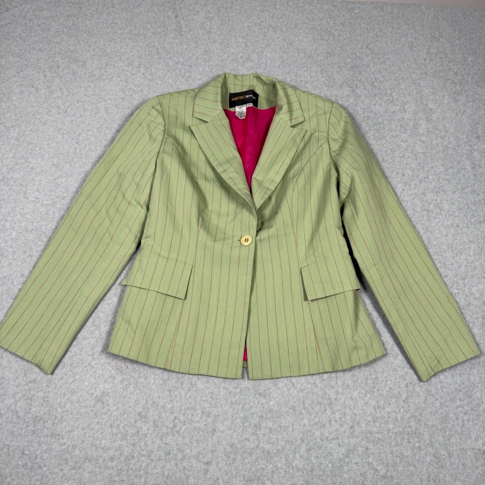 MetroStyle Vintage Y2K Barbie Core Pinstripe Blazer Green Pink Lining Size 4